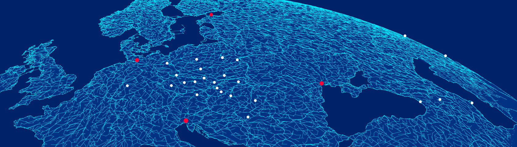 Visualisierung des HHLA-Logistiknetzwerks mit Knotenpunkten in Europa – Vernetzung für effiziente, nachhaltige Logistik.