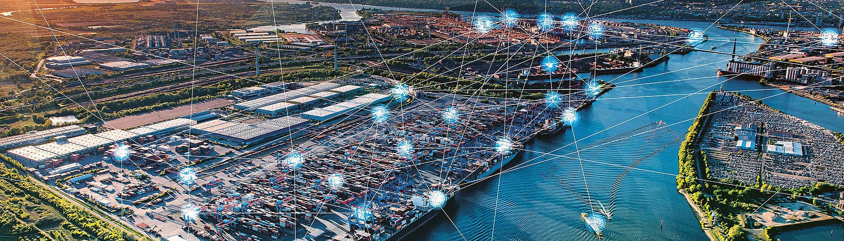 Aerial view of HHLA Container Terminal Altenwerder in Hamburg with container cranes and block storage, overlaid with network graphic.
