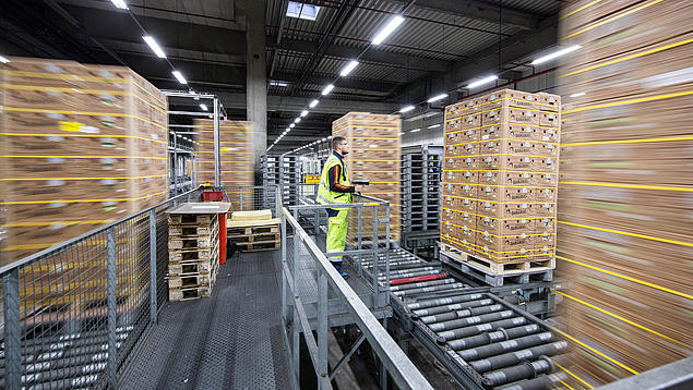 Bananenumschlag im HHLA Frucht- und Kühl-Zentrum: Ein Mitarbeiter in Warnkleidung überwacht den automatisierten Transport von hoch gestapelten Bananenkartons auf Förderbändern in einer klimatisierten Lagerhalle.