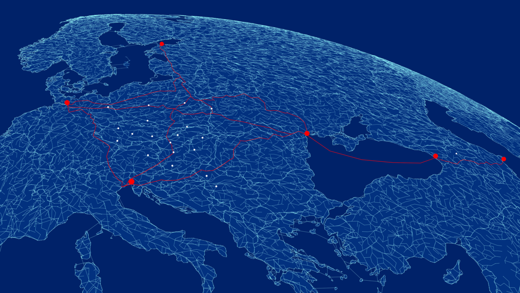 Ein Kartenausschnitt mit dem HHLA-Netwerk Mit ihrem umfangreichen Logistiknetzwerk ermöglicht die HHLA die reibungslose Verbindung zwischen Seehäfen, Binnenregionen und internationalen Märkten.