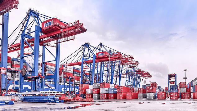 Aerial view of HHLA Container Terminal Tollerort (CTT) in Hamburg with container gantry cranes, block storage and moving van carriers (VC).