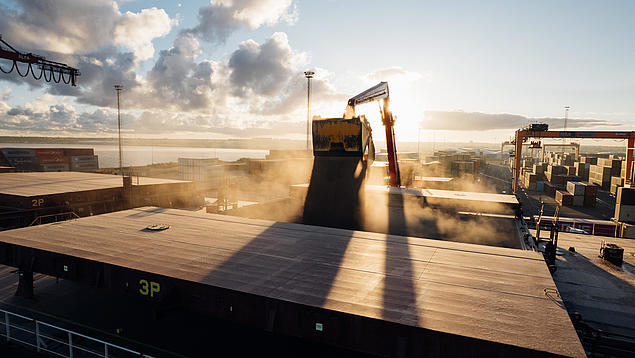 Schüttgut-Entlader am Hansaport Hamburg bei der Verladung von mineralischen Rohstoffen oder Kohle.